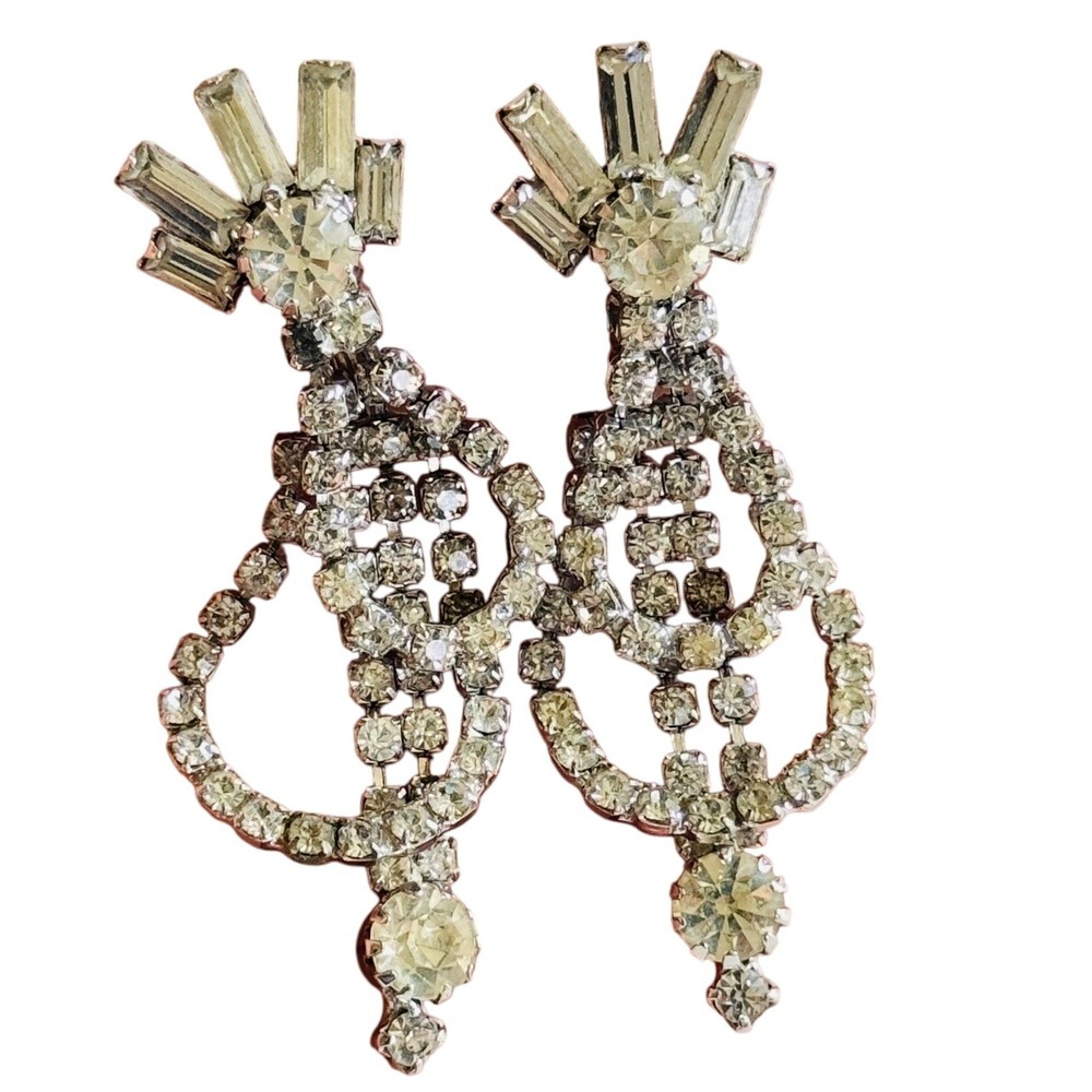 VTG Baguette Crystal Rhinestone Burst Earrings Art Deco Style Dangle clip Bridal